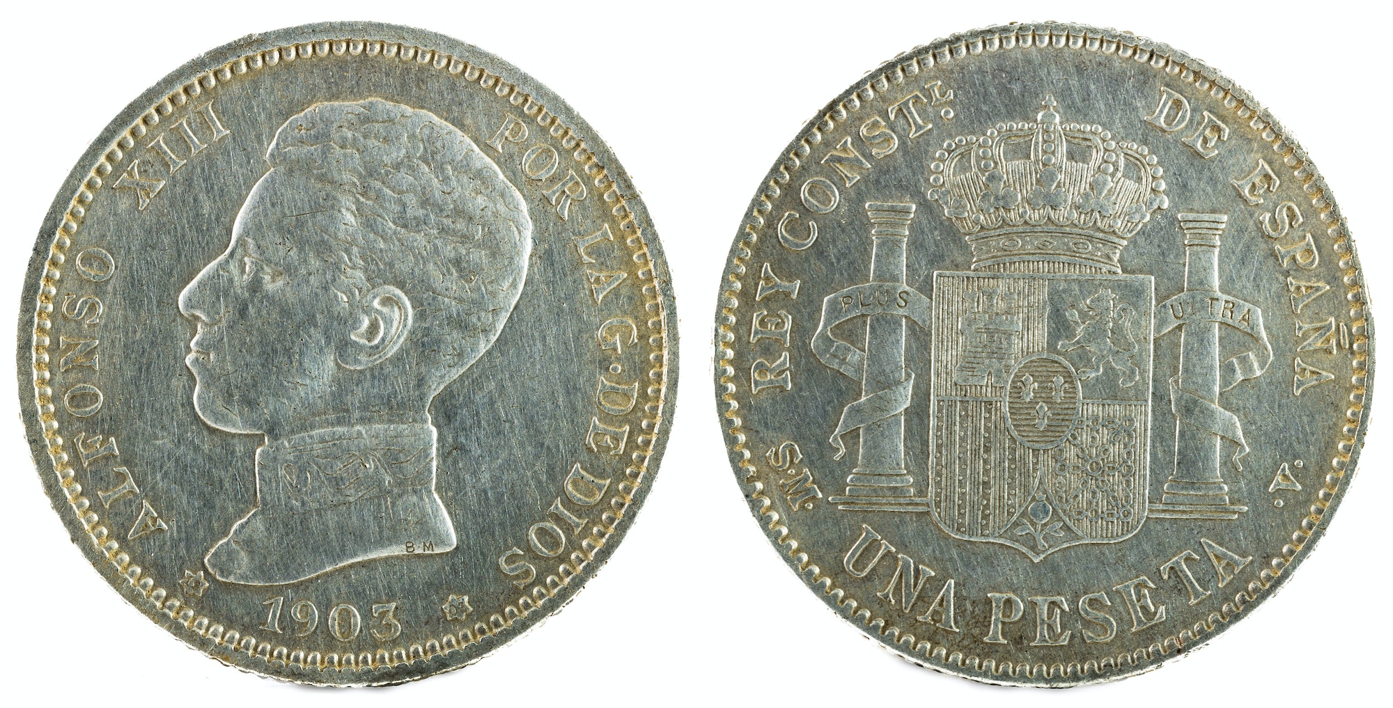 Ancient Spanish silver coin of King Alfonso XIII 1903